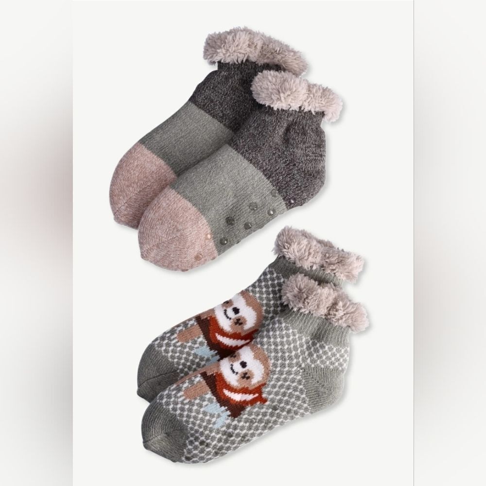 🩵NWT Joyspun Sage & Tan Sloth Knit Two Pack Slipper Socks Size 4-10